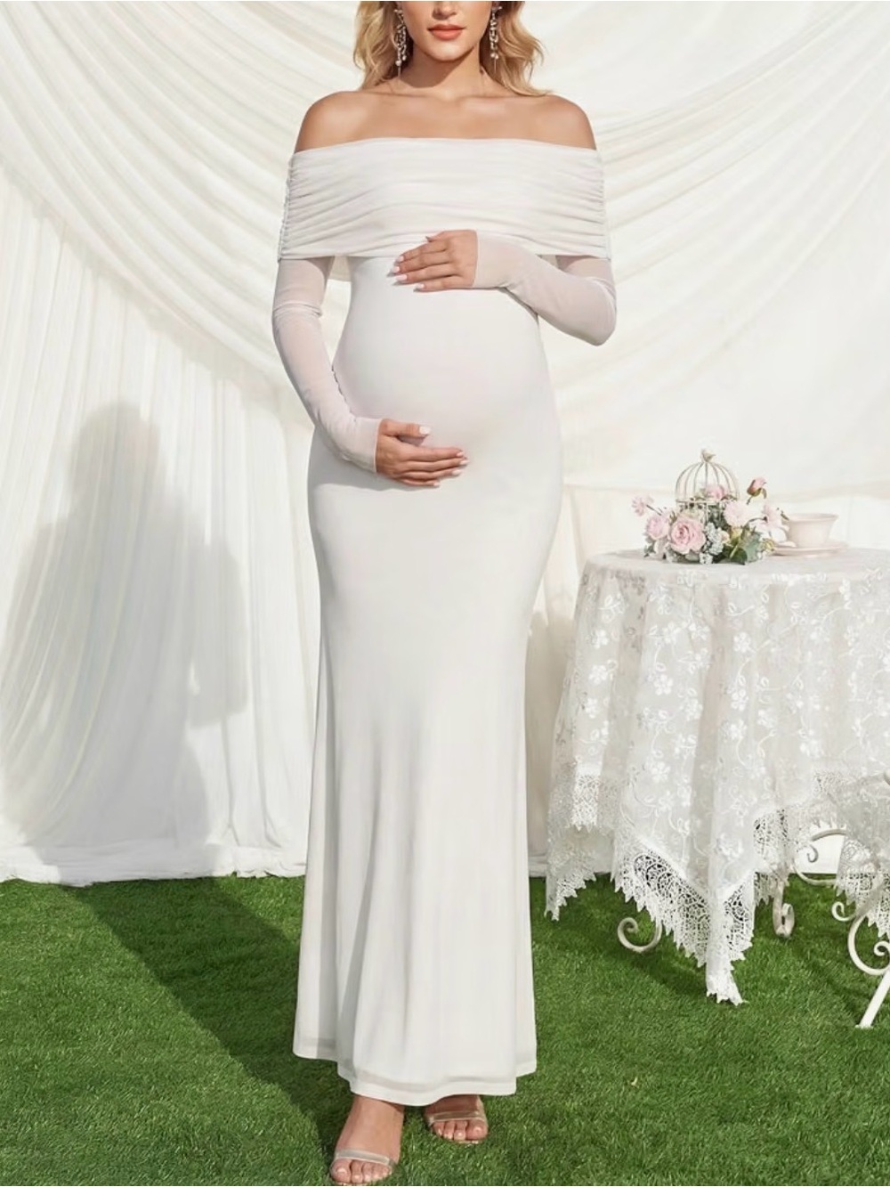 Maternity Off Shoulder Long Sleeve Maxi Dress White size M/US 6